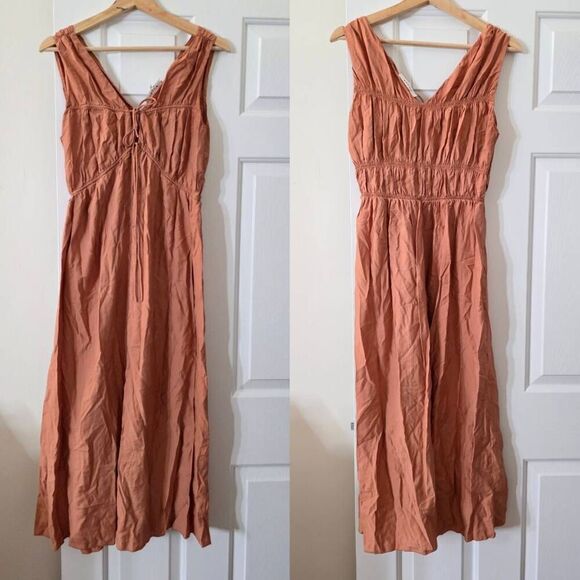 FRAME Cinched V-Neck Crinkled Midi Dress S - Picture 2 of 8